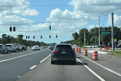 Traffic and construction barrels on westbound State Road 56 at Bruce B. Downs Boulevard in Wesley Chapel, Oct. 21, 2026.