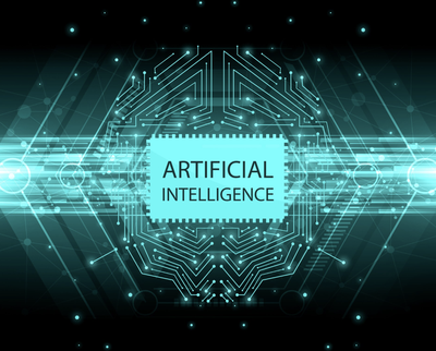 A glowing teal circuit-board design with the words "Artificial Intelligence" displayed on a microchip-style panel at the center.