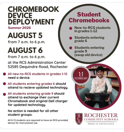 Flyer showing Chromebook deployment event details with a student holding a laptop.