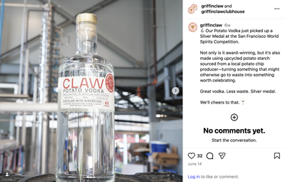 A bottle of Griffin Claw's Claw Potato Vodka, 6x distilled and handmade in Birmingham, Michigan, displayed at the brewery's distillery.