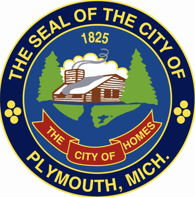 The official seal of the City of Plymouth, Michigan, featuring a log cabin, pine trees, and the motto 'The City of Homes.'