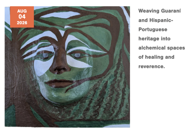 Acrylic painting of a stylized face with green and brown tones, bold linear patterns evoking hair and roots, set against a light background.