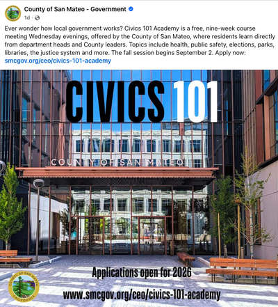 Promotional flyer reading 'Civics 101' over a photo of a government building entrance with the County of San Mateo seal.