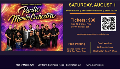 Promotional flyer for the Pacific Mambo Orchestra's Grammy Award-winning performance at Osher Marin JCC on Saturday, August 1, with band photo, ticket pricing, and event details.