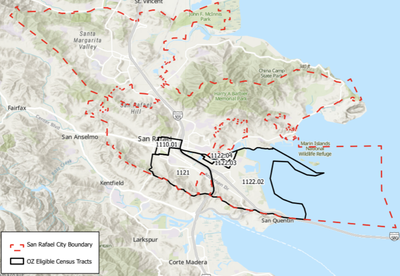 Map of San Rafael showing five black-outlined census tracts eligible for Opportunity Zone designation — including downtown near the Transit Center and Canal-area neighborhoods near San Quentin — within the red-dashed city boundary.