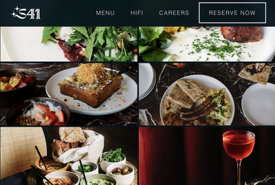 A grid of dishes from Stereo 41's current menu — a leafy herb salad, a seared steak with green sauce, a powdered-sugar-topped toast dessert, a Middle Eastern breakfast plate with sausage and flatbread, a mezze spread with pita and dips, and a red cocktail.