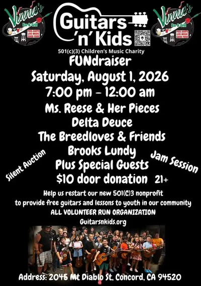 A black event flyer for the Guitars 'n' Kids FUNdraiser on Saturday, August 1, 2026, from 7 p.m. to midnight at Vinnie's Bar & Grill, listing performers Ms. Reese & Her Pieces, Delta Deuce, The Breedloves & Friends, and Brooks Lundy, plus a silent auction and jam session, $10 door donation, 21+, with a photo of children holding guitars and ukuleles at the bottom.