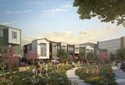 Architectural rendering of a planned San Mateo housing development showing three-story townhomes and mid-rise apartment buildings along a landscaped walkway, with families walking, children playing, and a dog walker in the foreground.
