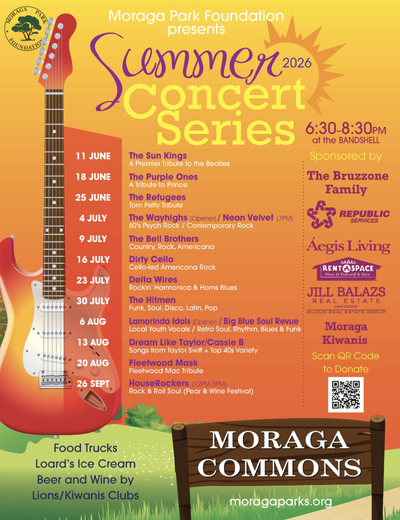 Flyer for the Moraga Park Foundation's 2026 Summer Concert Series, listing weekly Thursday-night show dates and bands from June through September at the Moraga Commons bandshell, alongside sponsor logos and event details.