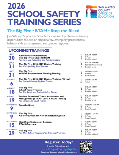 Flyer for the San Mateo County Office of Education's 2026 School Safety Training Series.
