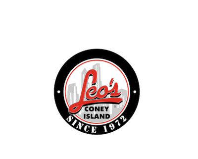 Leo's Coney Island logo, red script lettering on a black circular badge reading "Since 1972."