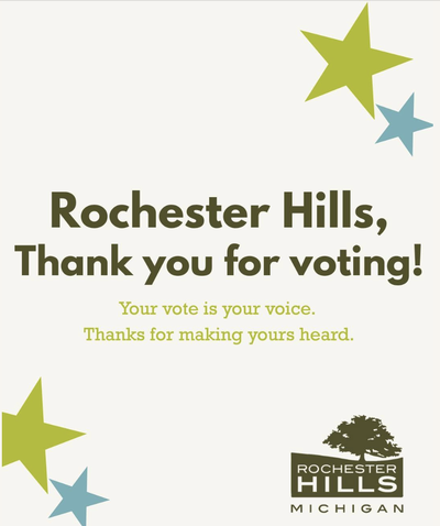 Rochester Hills, Michigan graphic thanking residents for voting, with green and blue star illustrations and the city's oak tree logo.
