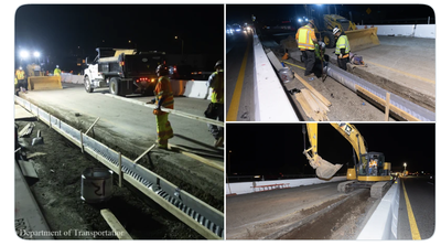 Caltrans crews in high-visibility gear work overnight on U.S. 101, repaving a lane and installing guardrails under construction lighting, with a dump truck and excavator nearby.