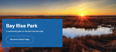 Bay Rise Park promotional image showing a sunset over wetlands along the San Francisco Bay.