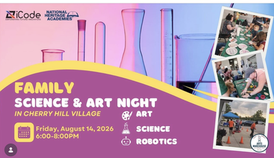 Flyer for Canton Township’s Family Science & Art Night with science lab equipment, activity photos and event details.