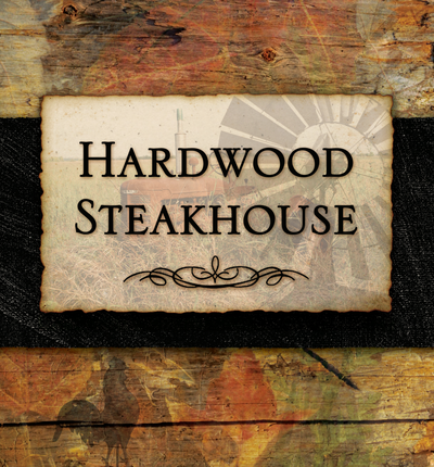 The Hardwood Steakhouse logo on a wood-toned sign, with a faded rural photo of a tractor and windmill in the background, promoting the restaurant's 20th anniversary in Covington, Michigan.